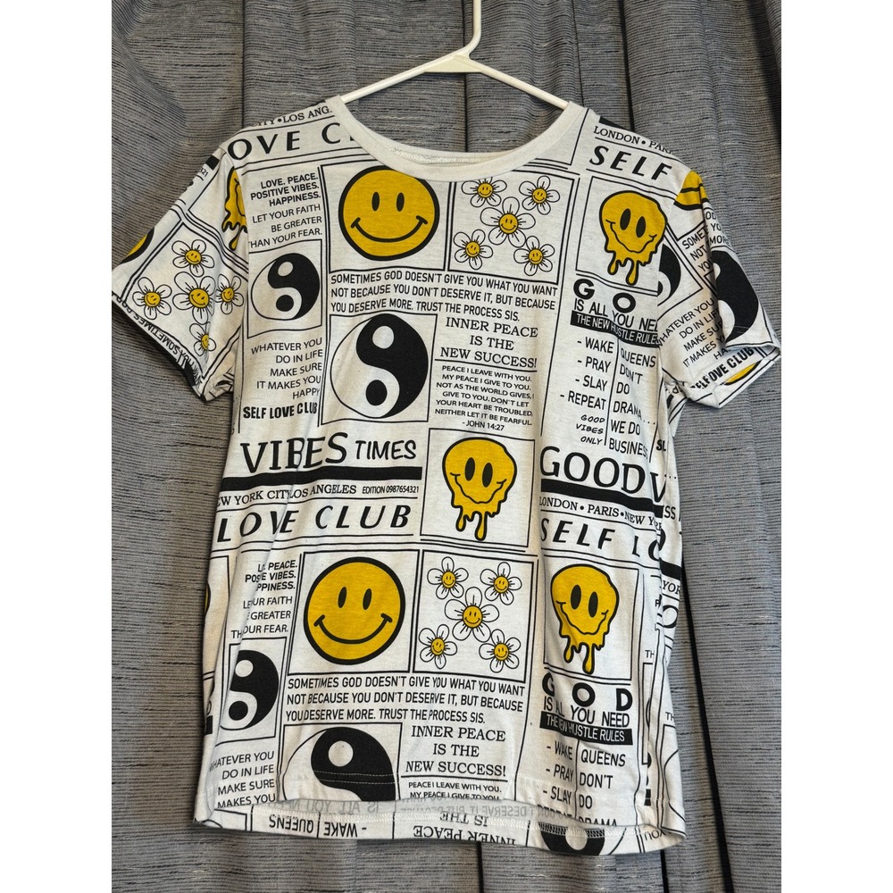 On Fire Y2K Smiley Face‎ Yin Yang Graphic Tee Shirt XL